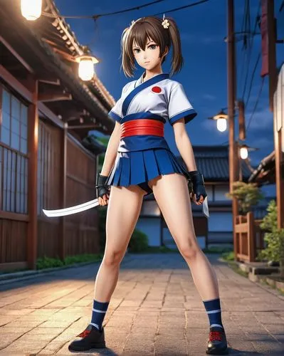 fighting anime character,japanese style,girl,an anime girl in an alley with a sword,kaga,nukaga,yamashiro,azuki,yanmei,sukeban,Photography,General,Realistic