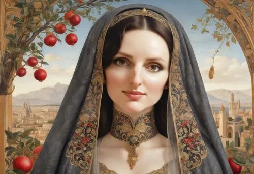 christmas woman,the prophet mary,pomegranates,jewish cherries,pomegranate,mary 1