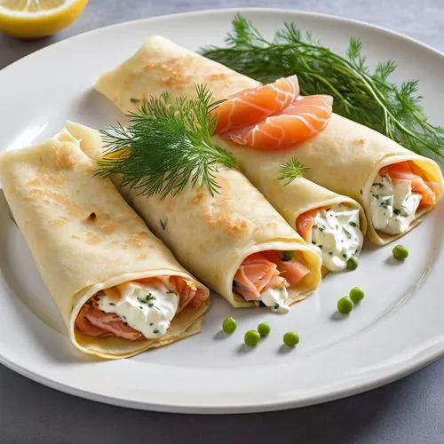 Crepe de Salmão com Cream Cheese
Um crepe sofisticado, recheado com salmão defumado e cream cheese. O crepe está enrolado, com o recheio cremoso e o salmão visível nas extremidades. Decorado com dill 