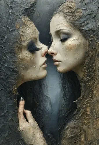 mirror of souls,amorous,love in the mist,mother kiss,mirror image,tears bronze,gothic portrait,girl kiss,parallel worlds,lover's grief,two people,surrealism,masque,photomanipulation,dualism,man and woman,sirens,secret garden of venus,mirror reflection,whispering