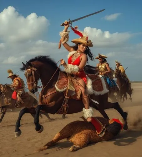 a woman with a sword is riding on a horse in the sand,warrior woman,female warrior,boudicca,huaylas,hoplites,boudica,Photography,General,Realistic