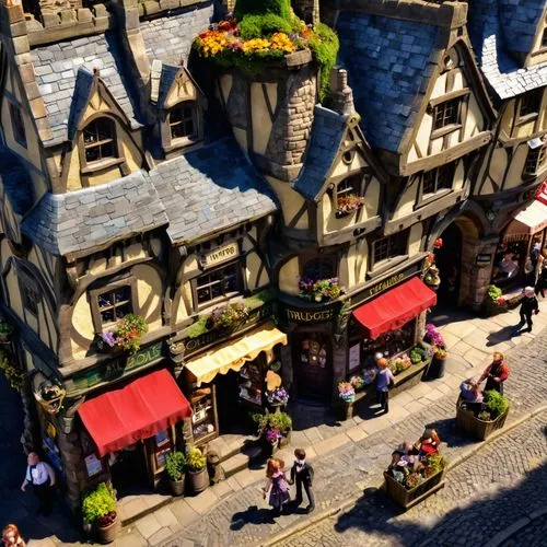 townscapes,escher village,medieval town,medieval street,medieval market,townsmen,Conceptual Art,Fantasy,Fantasy 26