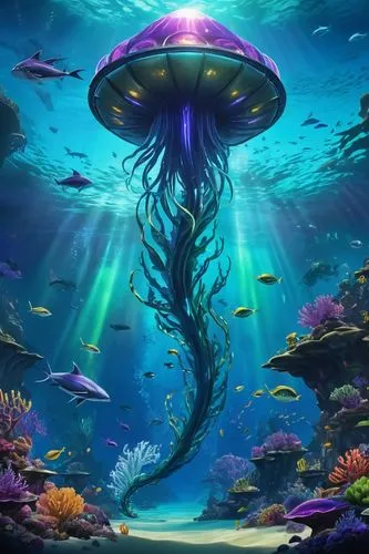 Subnautica with huge never seen leviathan monsters, rich underwater glowing plantation, creepy underwater fishes, sunken aurora pieces, ghost leviathan roaming the place, crastave reefs,underwater bac