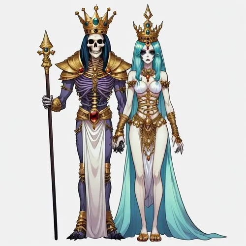 2d front sprite of a gothic colored spooky evil anime mummy goddess king and queen monster, transparent background,a couple of skeleton ladies standing next to each other,priestesses,nephthys,sorceres