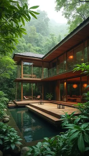 forest house,fallingwater,asian architecture,house in the forest,timber house,tropical house