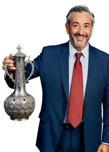 Middle-aged man, host of Antiques Roadshow, standing, smiling, gentle eyes, grey hair, beard, suit, white shirt, tie, pocket watch, holding antique vase, warm lighting, soft focus, 3/4 composition, sh