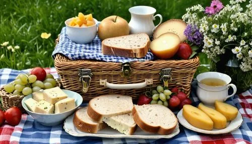 picnic basket,bread basket,food table,danish breakfast plate,garden breakfast,basket wicker,Photography,General,Realistic