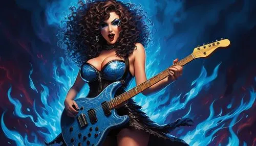 single beauty girl brunette curvy huge chest curly hair, make up face from character kiss band, charcter evil girl, play electric guitar, fantasy suit kiss band, body full standing from head to toes, 