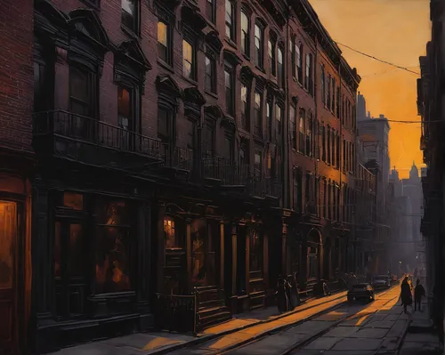 john atkinson grimshaw,narrow street,old linden alley,evening atmosphere,blind alley,the evening light,alleyway,the cobbled streets,gas lamp,eastgate street chester,street scene,lovat lane,medieval street,early evening,night scene,brownstone,old street,alley,evening light,townscape,Conceptual Art,Fantasy,Fantasy 13