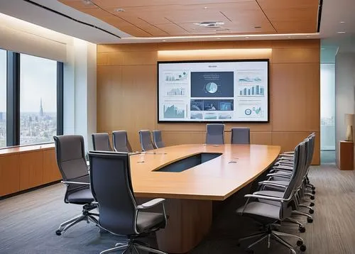 Cisco TelePresence, futuristic conference room, sleek modern interior design, large screen displays, high-definition video conferencing, minimalist chairs, polished wooden tables, ambient lighting, pr