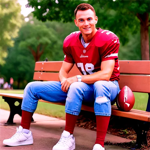 Forrest Gump, American football player, sitting bench, Alabama University jersey, denim jeans, white sneakers, messy brown hair, gentle smile, bright blue eyes, slight stubble, warm sunlight, shallow 