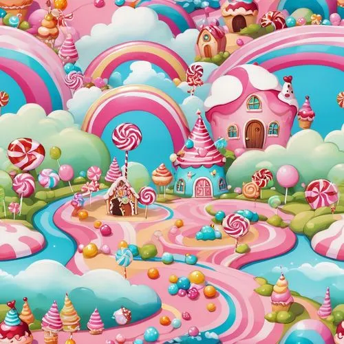 seamless candy land scenic background,a painting of candy land with lots of colorful candies and lollipop,candyland,cupcake background,candy pattern,fairy world,candy crush,sweetland,Illustration,Abst