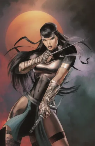 Marvel's Elektra, Filipina face, Black hair, Warehouse background,female warrior,swordswoman,katana,warrior woman,mulan,huntress,yi sun sin,eskrima,cartoon ninja,kenjutsu,wind warrior,xing yi quan,war