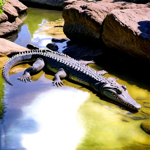 Crocodylus, reptile, scaly skin, sharp teeth, greenish-gray body, long snout, powerful tail, swampy habitat, murky water, sunlit rocks, 3/4 composition, shallow depth of field, warm color tone, cinema