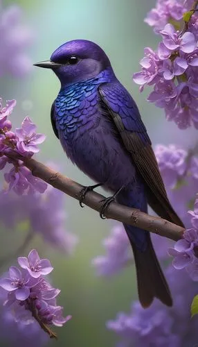 Purple fairy martin, solo, small wings, slender body, bright purple feathers, sparkly eyes, delicate legs, tiny feet, perched on a thin twig, surrounded by blooming lilac flowers, soft petals, warm su