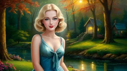 Romantic masterpiece oil painting, cute girl portrait, nostalgic 1950's style kitsch, breathtaking beautiful landscape, majestic natural scenery, warm evening lighting, highly detailed, high res, absu