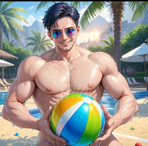 naked man covering his private parts with a ball, he is sweaty, he smiles, he wears reflective shades,navy haircut,an animated guy is standing by the water while holding a ball,shadman,radowo,koreshko