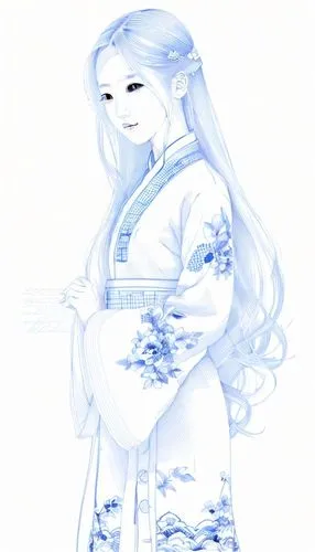 1 girl, long hair, blue and white porcelain clothes, whole body, Chinese style, simple background,,ao dai,hanbok,winterblueher,suit of the snow maiden,kimono,the snow queen,white rose snow queen,white