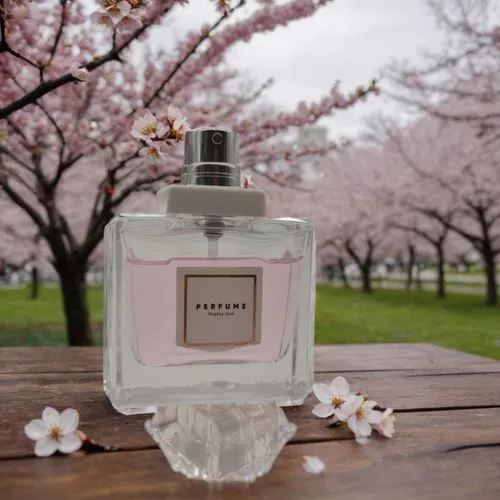 a bottle of perfume sitting on a table in front of some pink flowers,the cherry blossoms,hanami,cherry blossoms,japanese cherry blossom,sakura cherry blossoms,japanese cherry blossoms