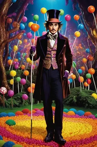 Johnny Depp, Willy Wonka, eccentric, top hat, glasses, brown hair, goatee, velvet blazer, white shirt, golden waistcoat, black trousers, boots, cane, holding a Everlasting Gobstopper, colorful backgro