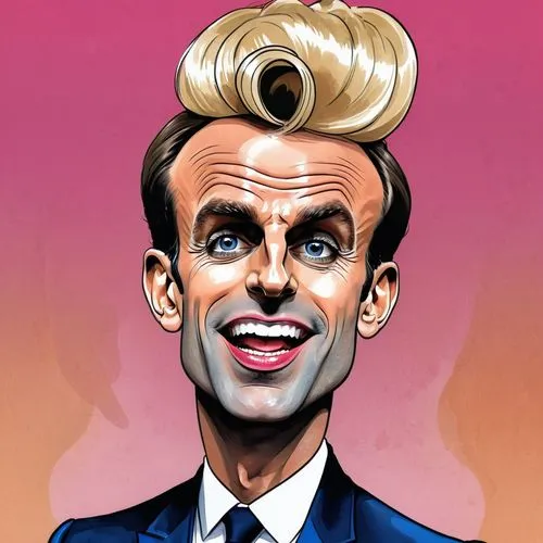 emmanuel macron habillé en drag queen,a cartoon of a man with a weird mohawk in a blue suit,pompadour,macron,caricature,caricaturist,bouffant,etonian,crickley,beavis,caricatures,bouffard,pompadours,ko