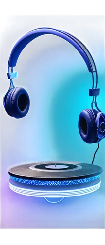 Music notes, sound waves, abstract shapes, futuristic glow, neon lights, dark blue background, holographic display, 3D audio spectrum, glowing equalizer, DJ console, vinyl records, headphones, microph