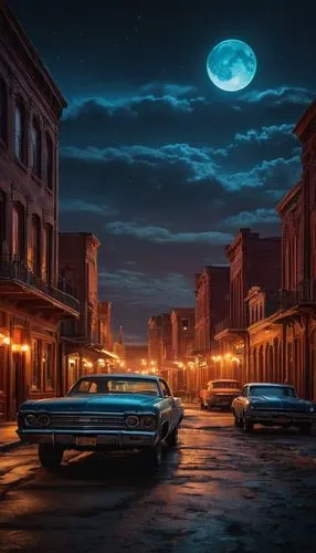 A night scene set in the vibrant Old West. A beautiful, deserted city, an abandoned city nearby. Deep reds, piercing whites and warm oranges – contrast sharply with the cool blues of the night sky, cr