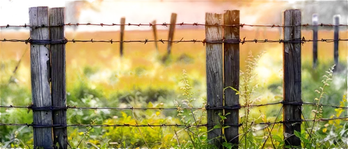 Distorted metal fence, rusty surface, broken wires, tangled mesh, old worn-out wood posts, overgrown with weeds, morning dew, soft sunlight filtering through wires, 3/4 composition, shallow depth of f