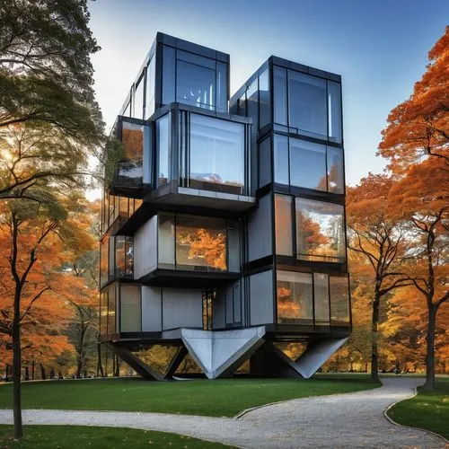 central park, small architecture, studio, 
geometry, drastic, rectangular, black, orange
,cubic house,cube house,modern architecture,cube stilt houses,mirror house,habitat 67,modern house,frame house,