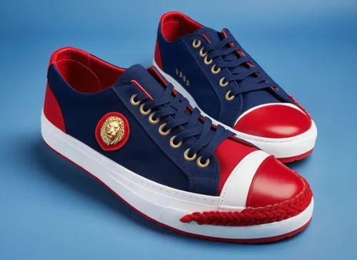 Canvas sneaker, gum trim, embossed round emblem with lion head design on sole, all navy with red and white  color scheme , matching belt ,Canvas boat shoe gum toe cap ,keds,aigle,plimsoll,superga,foot