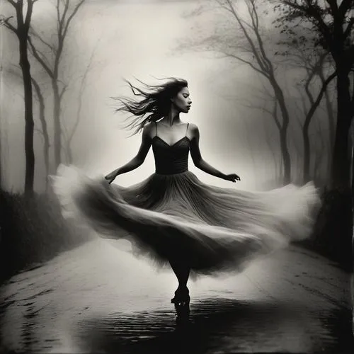 ballerina in the woods,girl walking away,dance with canvases,woman walking,dance of death,dance silhouette,little girl in wind,mystical portrait of a girl,little girl twirling,danse macabre,whirling,gracefulness,little girl running,run away,woman silhouette,twirling,ballroom dance silhouette,sleepwalker,twirls,dance,Photography,Black and white photography,Black and White Photography 07