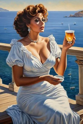 vettriano,woman drinking coffee,yachtswoman,the sea maid,hildebrandt,barmaid,aperitif,sappho,petrossian,girl on the boat,donsky,libation,woman at cafe,tretchikoff,retro pin up girl,woman with ice-cream,libations,frangelico,ariadne,cyclades,Art,Classical Oil Painting,Classical Oil Painting 02