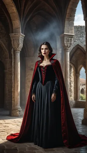 vampire woman,gothic portrait,dracula,red coat,red cape,scarlet witch,imperial coat,vampire lady,dodge warlock,cloak,gothic woman,heroic fantasy,queen of hearts,digital compositing,sterntaler,red tunic,girl in a historic way,fantasy woman,magistrate,women's novels,Photography,General,Natural