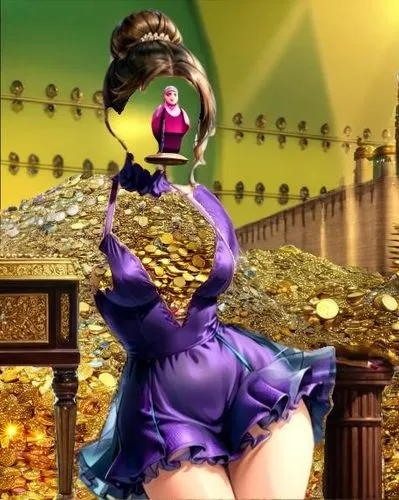 golden coins pile and lots of gems and treasures,a girl with a dress and heels stands on a pile of coins,darkstalkers,enza,chunli,omotoyossi,midler,daiyu