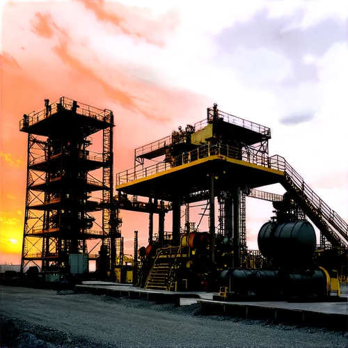 Oil rig, industrial scene, sunset, steel beams, pipelines, valves, machinery, warning signs, safety helmets, reflective vests, oil drums, containers, ladders, stairs, metal grating, dramatic clouds, w