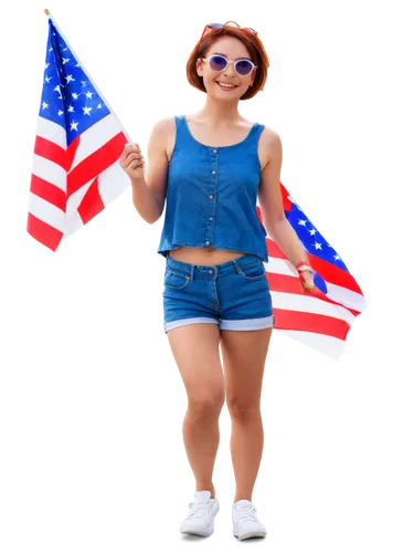 American Independence Day, July 4th celebration, outdoor party, female character, solo, (20yo), smiling face, waving American flag, red white blue costume, short hair, sunglasses, casual denim shorts,