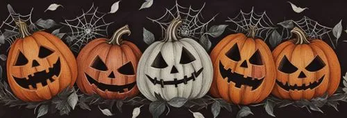 five pumpkins are lined up on leaves with one missing,halloween background,halloween icons,halloween banner,halloween border,halloween vector character,halloween wallpaper