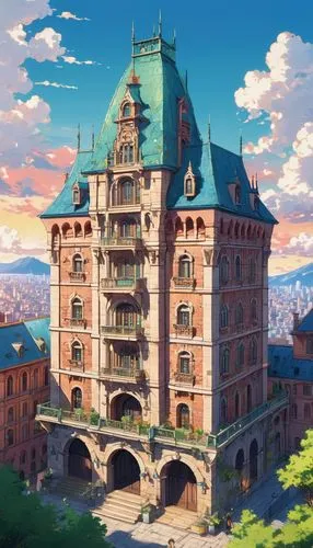 studio ghibli,grand hotel,violet evergarden,summit castle,apartment building,sky apartment,fairy tale castle,dragon palace hotel,castle,knight's castle,renaissance tower,water castle,akko,new castle,fairytale castle,gold castle,apartment house,french building,residential tower,luxury hotel,Illustration,Japanese style,Japanese Style 03