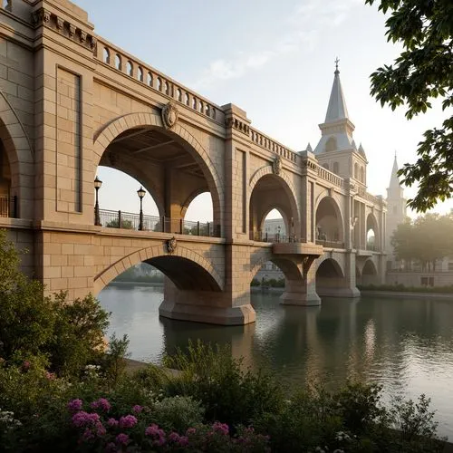 Elegant bridge structure, symmetrical arches, ornate stone carvings, classical columns, grandiose proportions, refined stonework, subtle moldings, soft warm lighting, misty atmospheric effects, shallo