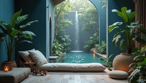 green waterfall,cabana,verdant,spa,luxury bathroom,oasis,blue room,indoor,bathtub,aqua studio,tropical greens,bath room,green living,underwater oasis,tropical jungle,green wallpaper,alcove,great room,serene,seclude,Photography,General,Realistic