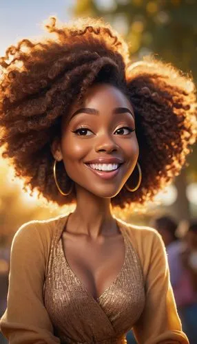 Outdoor woman portrait, natural light, golden hour, lens flare, wind-swept hair, vibrant background, portrait photography,an african american woman with large earrings and golden dress smiling at the 