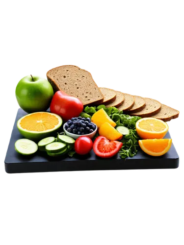 Fresh fruit, assorted vegetables, whole grain bread, lean protein, colorful salad, nutritional chart, measuring cups, kitchen counter, shallow focus, warm lighting, 3/4 composition, vibrant colors, hi