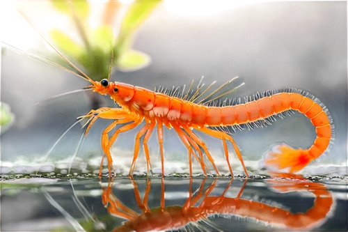 Freshwater shrimp, small size, vibrant orange, white spots, long antennae, delicate legs, transparent shell, aquatic plants, water ripples, shallow focus, warm lighting, 3/4 composition, soft blur bac