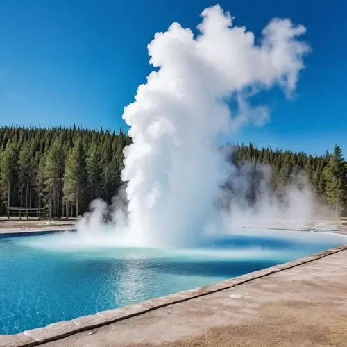 clear blue skies above with water geyser  and clear background,the boiling geyser erupts in front of a forest,geyser strokkur,geothermal energy,great fountain geyser,geyser,geothermal,geysers,Photogra