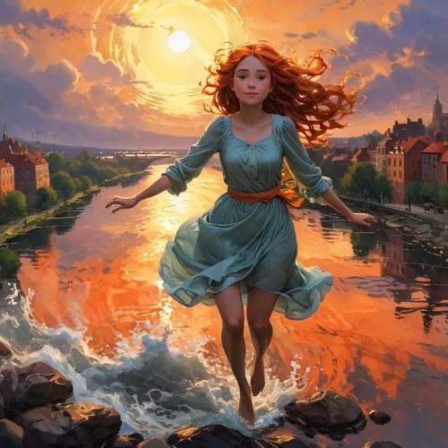 merida,fantasy picture,girl on the river,fantasy art,world digital painting,fireheart,melisandre,kupala,riverdance,fantasy portrait,celtic woman,sundering,little girl in wind,heatherley,flame spirit,whirlwinds,sundancer,margaery,xanth,fire and water,Art,Classical Oil Painting,Classical Oil Painting 15