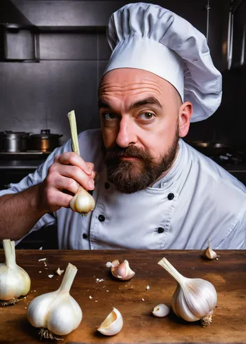 Write a comedic script about a clumsy chef who can't peel a head of garlic.,a clove of garlic,head of garlic,clove of garlic,chef,men chef,clove garlic,onion peels,garlic cloves,chef hat,chef's hat,cl