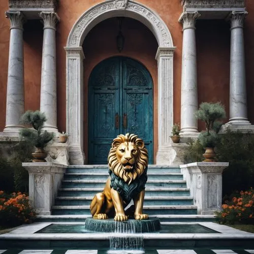 lion fountain,lion capital,stone lion,lion,lion head,capitoline wolf,villa d'este,venetian,venezia,kingdom,neoclassical,regal,lion white,two lion,empire,villa cortine palace,royal,villa borghese,luxury property,vittoriano,Illustration,Realistic Fantasy,Realistic Fantasy 05