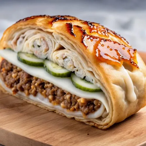 sausage bread,beef wellington,beef roulades,vanillekipferl,star roll,ćevapi,breakfast roll,pan-bagnat,sausage roll,roll roast,alinazik kebab,banitsa,beef pancake,cheese roll,börek,fatayer,lahmacun,frikandel,knödlbrot,herring roll,Photography,General,Realistic