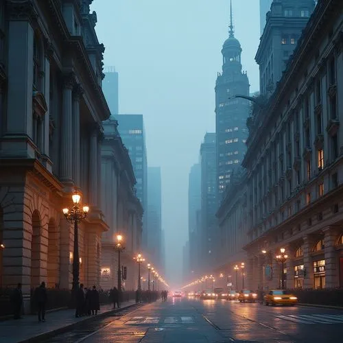 Urban cityscape, monumental buildings, grandeur architecture, intricate stone carvings, ornate facades, majestic columns, vibrant city lights, night scene, bustling streets, pedestrians walking, vehic