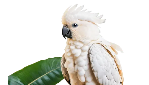 Cockatoo, white plumage, vibrant crest, colorful beak, playful eyes, sitting, perched, tropical leaves background, natural habitat, sunlight filtering through feathers, shallow depth of field, warm co